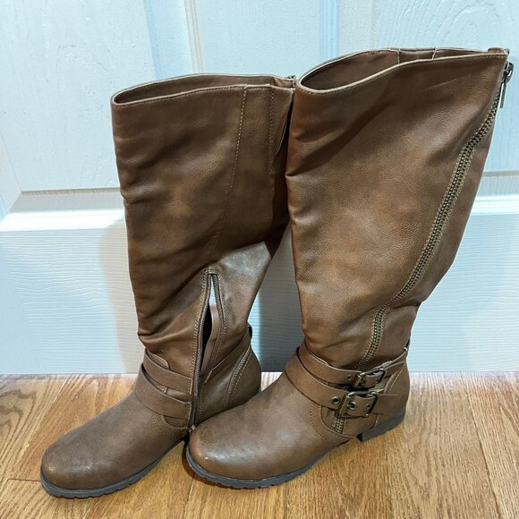 Brown Leather Mid-Calf, Half-zip Boot with Buckle - Picture 2 of 4